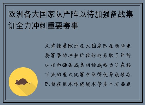 欧洲各大国家队严阵以待加强备战集训全力冲刺重要赛事