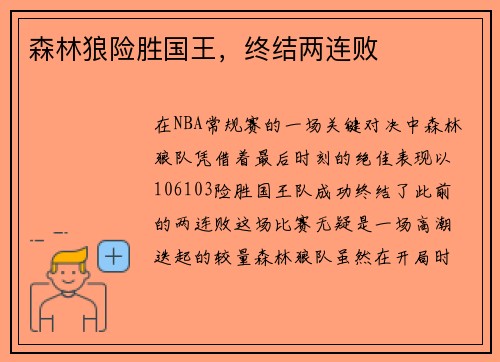 森林狼险胜国王，终结两连败