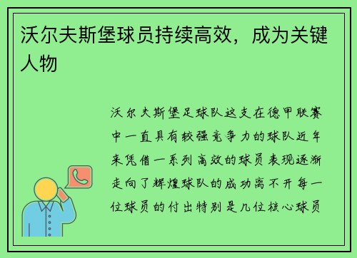 沃尔夫斯堡球员持续高效，成为关键人物