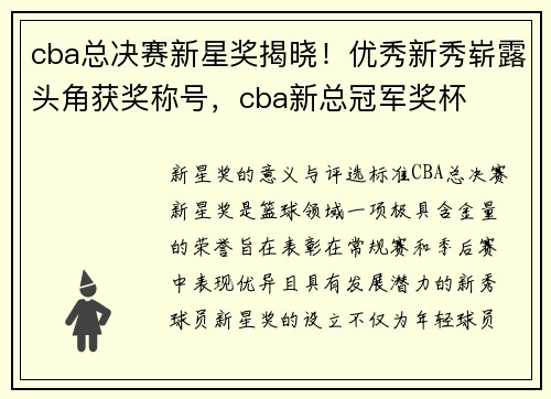 cba总决赛新星奖揭晓！优秀新秀崭露头角获奖称号，cba新总冠军奖杯