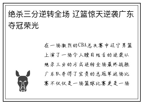 绝杀三分逆转全场 辽篮惊天逆袭广东夺冠荣光