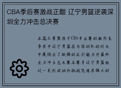 CBA季后赛激战正酣 辽宁男篮逆袭深圳全力冲击总决赛