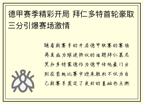 德甲赛季精彩开局 拜仁多特首轮豪取三分引爆赛场激情