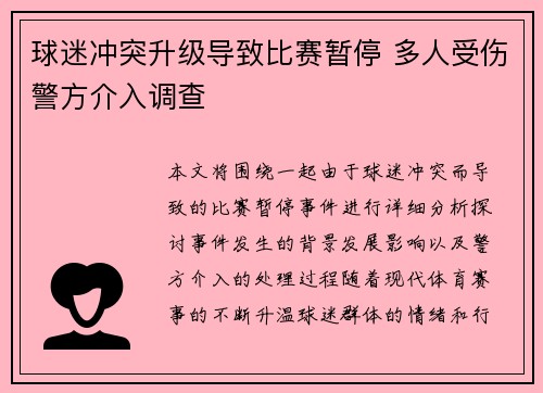 球迷冲突升级导致比赛暂停 多人受伤警方介入调查