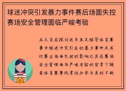 球迷冲突引发暴力事件赛后场面失控赛场安全管理面临严峻考验