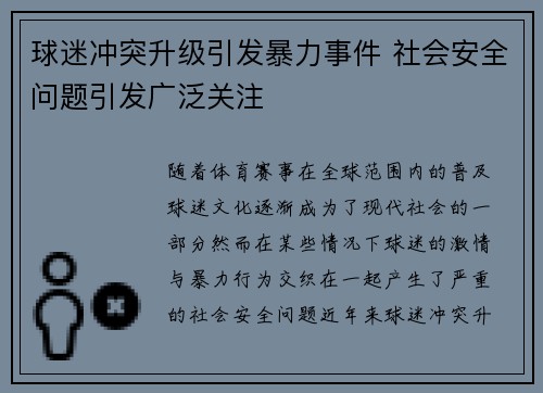球迷冲突升级引发暴力事件 社会安全问题引发广泛关注